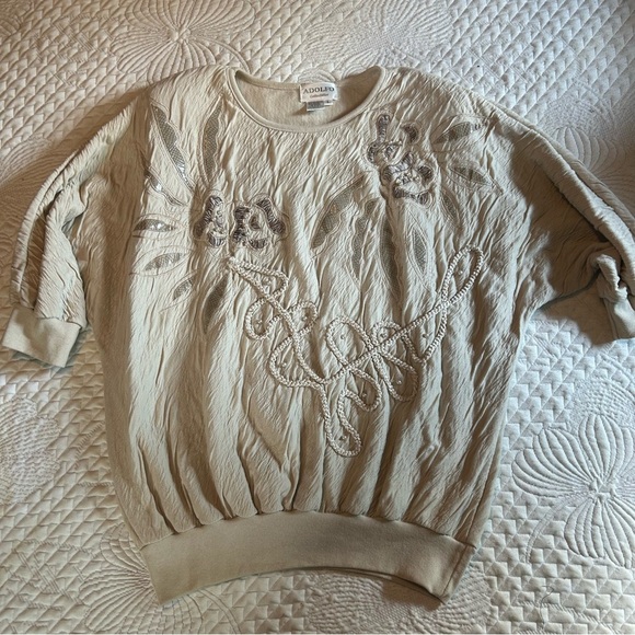Vintage Adolfo Collectibles Pearl Embroidered‎ Crinkle Knit Top L - Picture 2 of 12